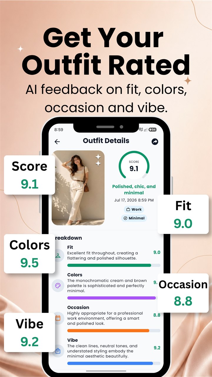 Sisne AI outfit rating with scores for fit, colors, occasion, and vibe
