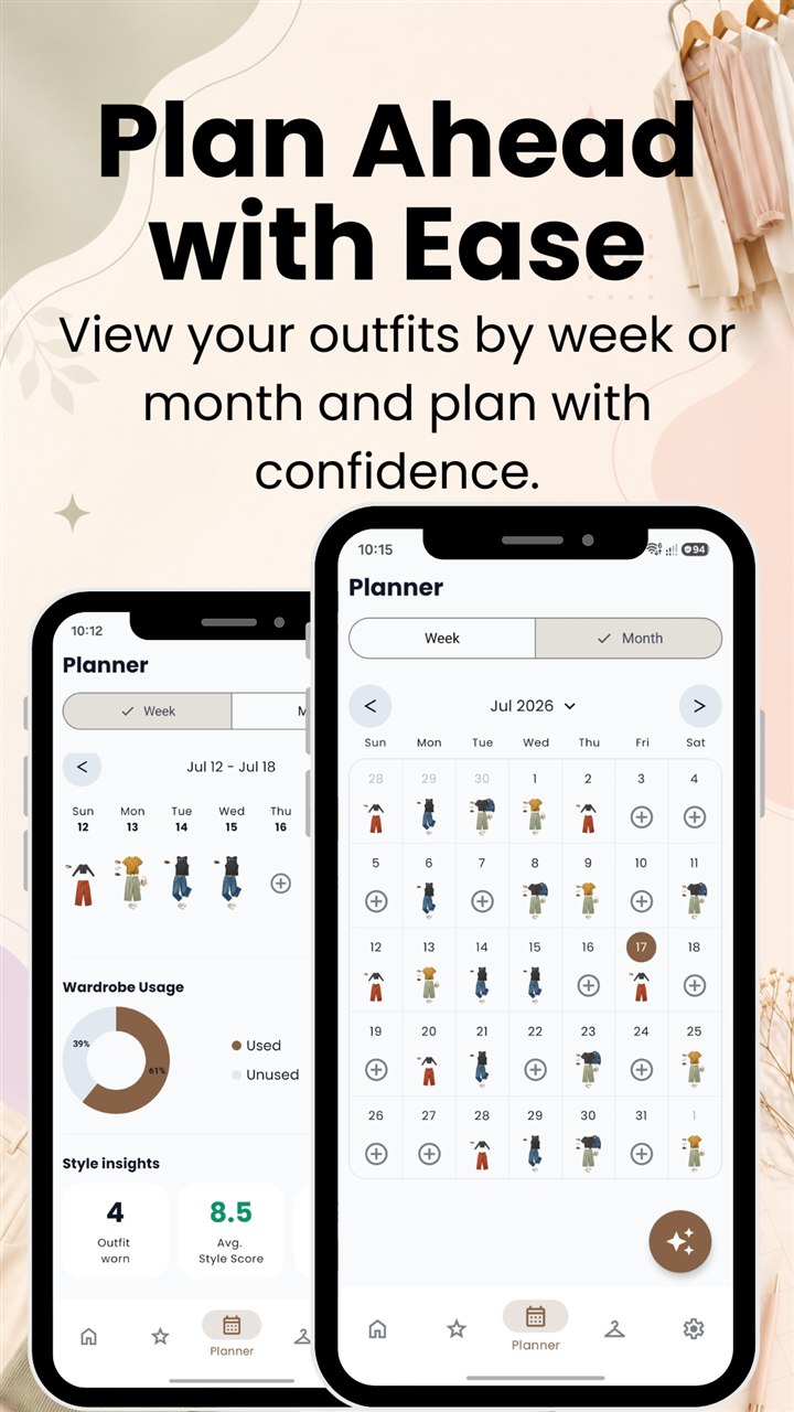 Sisne weekly and monthly outfit planning calendar